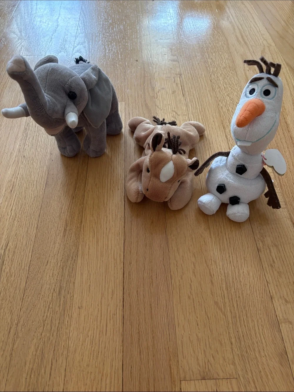 Plush Toy Trio - Gray Elephant, Tan Horse, White Snowman (Olaf)- selling as set